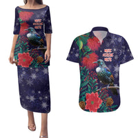 Tui Meri Kirihimete Personalised Couples Matching Puletasi and Hawaiian Shirt Pohutukawa Flowers Blue Motif LT9 Blue - Polynesian Pride