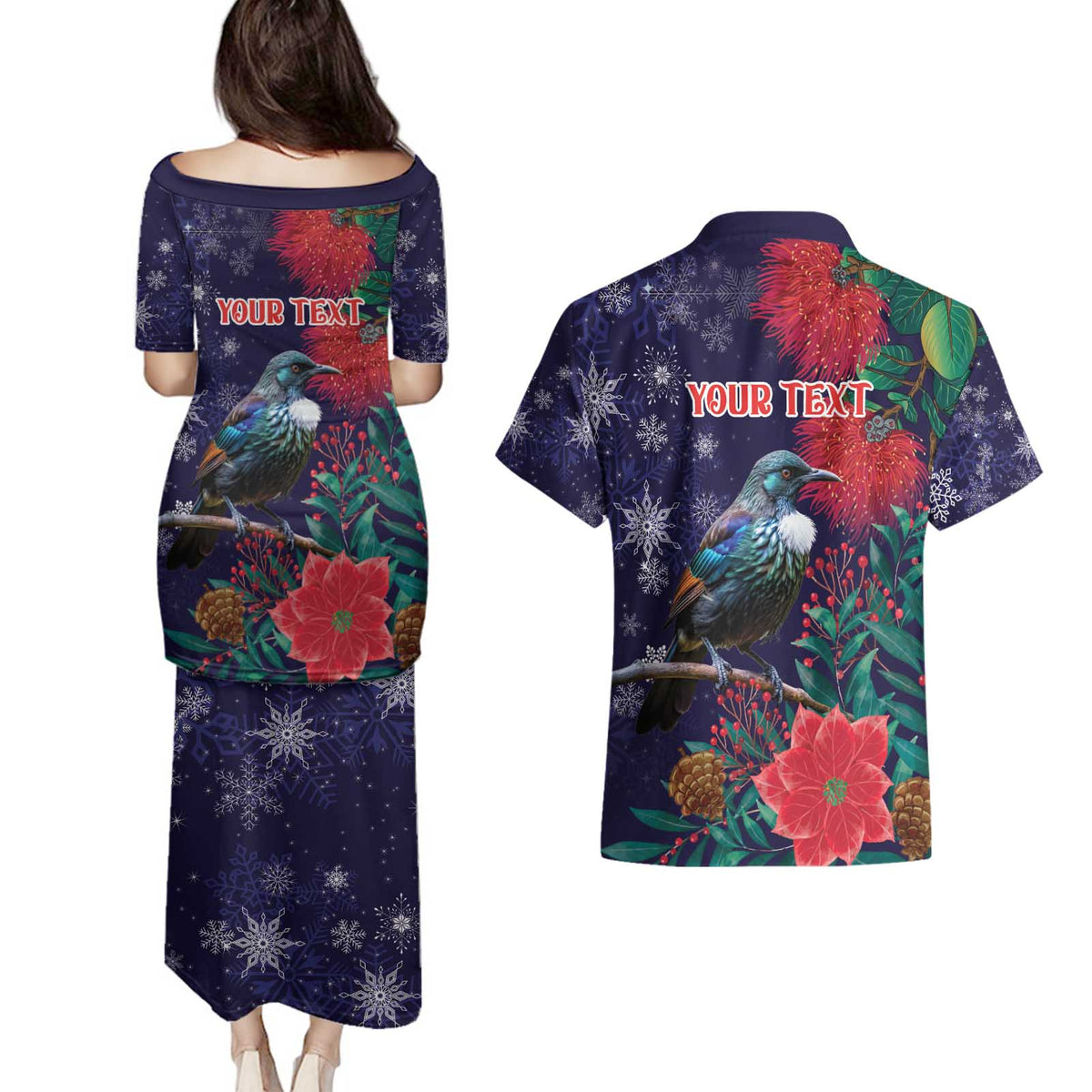 Tui Meri Kirihimete Personalised Couples Matching Puletasi and Hawaiian Shirt Pohutukawa Flowers Blue Motif LT9 - Polynesian Pride