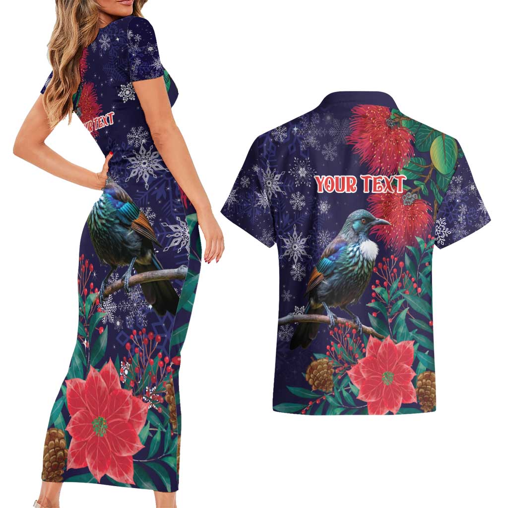 Tui Meri Kirihimete Personalised Couples Matching Short Sleeve Bodycon Dress and Hawaiian Shirt Pohutukawa Flowers Blue Motif LT9 - Polynesian Pride