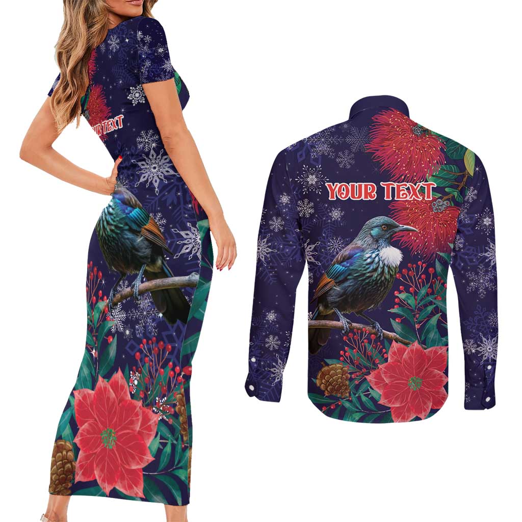Tui Meri Kirihimete Personalised Couples Matching Short Sleeve Bodycon Dress and Long Sleeve Button Shirt Pohutukawa Flowers Blue Motif LT9 - Polynesian Pride