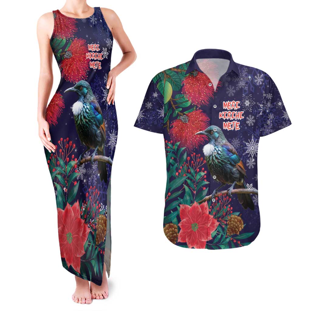 Tui Meri Kirihimete Personalised Couples Matching Tank Maxi Dress and Hawaiian Shirt Pohutukawa Flowers Blue Motif LT9 Blue - Polynesian Pride