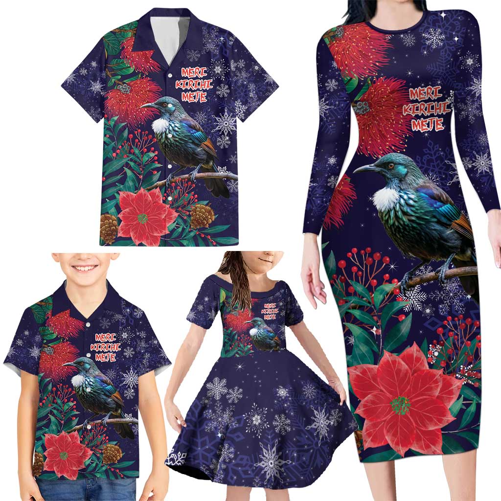 Tui Meri Kirihimete Personalised Family Matching Long Sleeve Bodycon Dress and Hawaiian Shirt Pohutukawa Flowers Blue Motif LT9 - Polynesian Pride