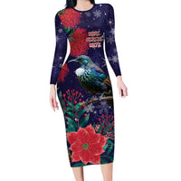 Tui Meri Kirihimete Personalised Family Matching Long Sleeve Bodycon Dress and Hawaiian Shirt Pohutukawa Flowers Blue Motif LT9 Mom's Dress Blue - Polynesian Pride