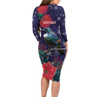 Tui Meri Kirihimete Personalised Family Matching Long Sleeve Bodycon Dress and Hawaiian Shirt Pohutukawa Flowers Blue Motif LT9 - Polynesian Pride