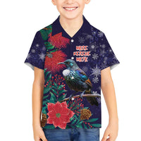 Tui Meri Kirihimete Personalised Family Matching Long Sleeve Bodycon Dress and Hawaiian Shirt Pohutukawa Flowers Blue Motif LT9 Son's Shirt Blue - Polynesian Pride