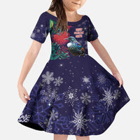 Tui Meri Kirihimete Personalised Family Matching Mermaid Dress and Hawaiian Shirt Pohutukawa Flowers Blue Motif LT9 Daughter's Dress Blue - Polynesian Pride