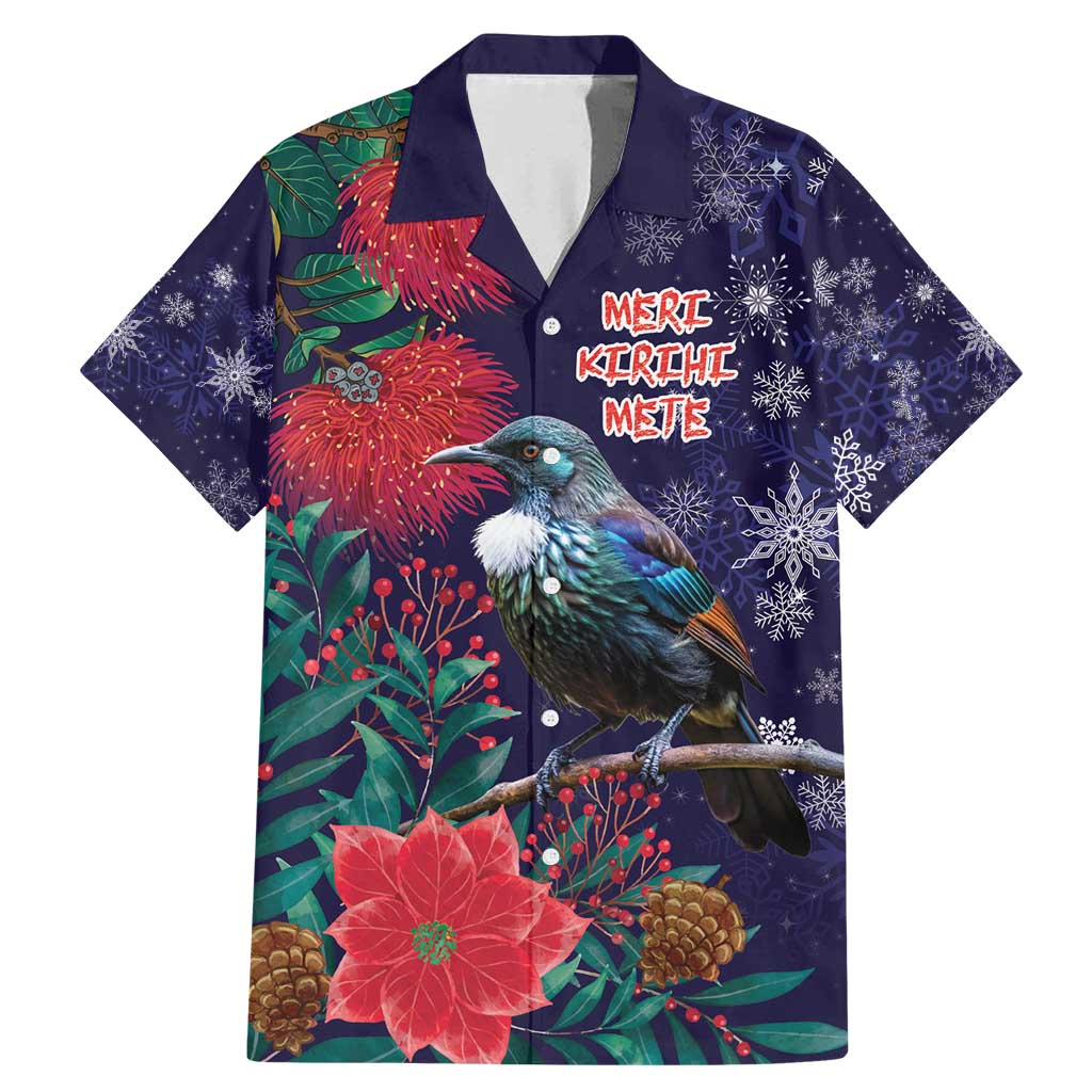 Tui Meri Kirihimete Personalised Family Matching Mermaid Dress and Hawaiian Shirt Pohutukawa Flowers Blue Motif LT9 Dad's Shirt - Short Sleeve Blue - Polynesian Pride