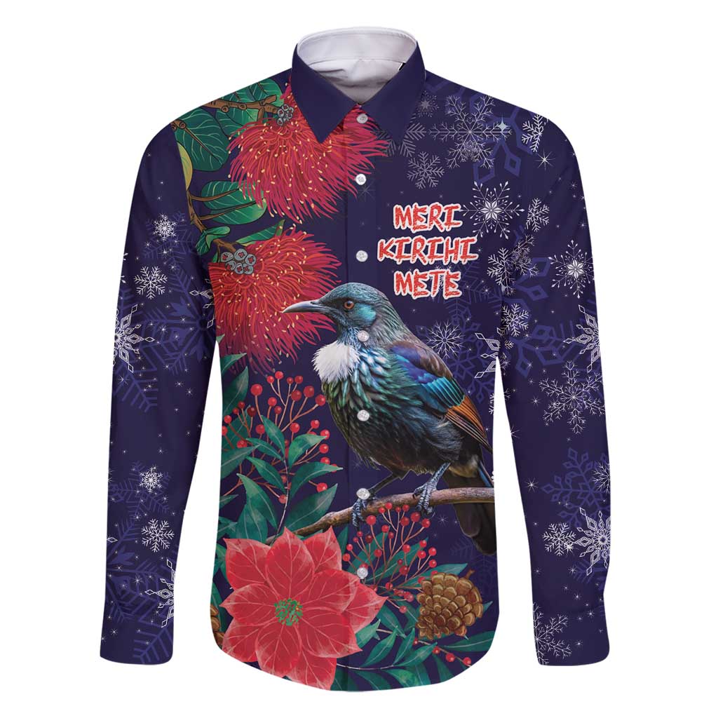 Tui Meri Kirihimete Personalised Family Matching Mermaid Dress and Hawaiian Shirt Pohutukawa Flowers Blue Motif LT9 Dad's Shirt - Long Sleeve Blue - Polynesian Pride