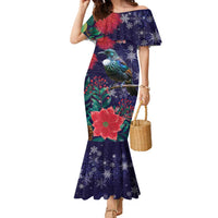 Tui Meri Kirihimete Personalised Family Matching Mermaid Dress and Hawaiian Shirt Pohutukawa Flowers Blue Motif LT9 Mom's Dress Blue - Polynesian Pride