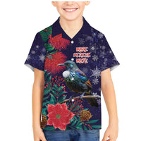 Tui Meri Kirihimete Personalised Family Matching Mermaid Dress and Hawaiian Shirt Pohutukawa Flowers Blue Motif LT9 Son's Shirt Blue - Polynesian Pride