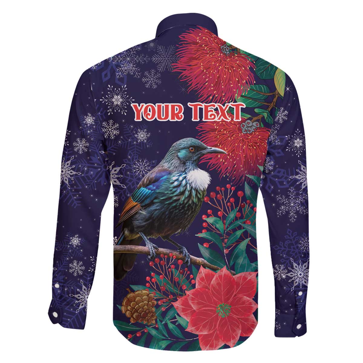 Tui Meri Kirihimete Personalised Family Matching Off The Shoulder Long Sleeve Dress and Hawaiian Shirt Pohutukawa Flowers Blue Motif LT9 - Polynesian Pride