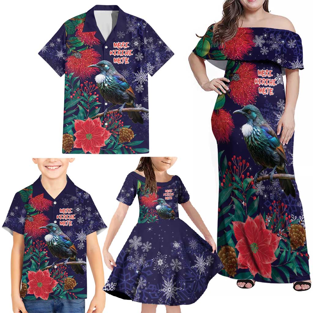 Tui Meri Kirihimete Personalised Family Matching Off Shoulder Maxi Dress and Hawaiian Shirt Pohutukawa Flowers Blue Motif LT9 - Polynesian Pride