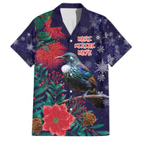 Tui Meri Kirihimete Personalised Family Matching Off Shoulder Maxi Dress and Hawaiian Shirt Pohutukawa Flowers Blue Motif LT9 Dad's Shirt - Short Sleeve Blue - Polynesian Pride