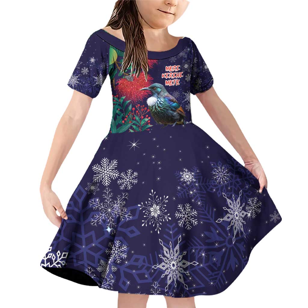 Tui Meri Kirihimete Personalised Family Matching Off Shoulder Short Dress and Hawaiian Shirt Pohutukawa Flowers Blue Motif LT9 Daughter's Dress Blue - Polynesian Pride
