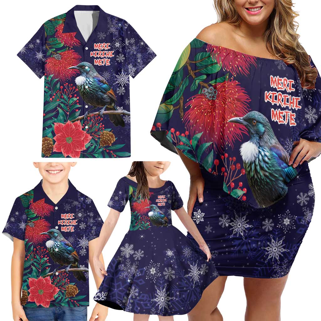 Tui Meri Kirihimete Personalised Family Matching Off Shoulder Short Dress and Hawaiian Shirt Pohutukawa Flowers Blue Motif LT9 - Polynesian Pride