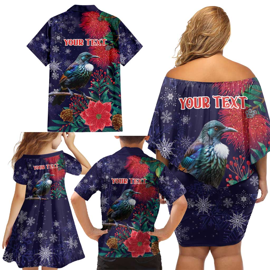 Tui Meri Kirihimete Personalised Family Matching Off Shoulder Short Dress and Hawaiian Shirt Pohutukawa Flowers Blue Motif LT9 - Polynesian Pride