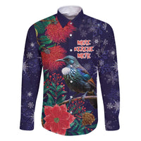 Tui Meri Kirihimete Personalised Family Matching Off Shoulder Short Dress and Hawaiian Shirt Pohutukawa Flowers Blue Motif LT9 Dad's Shirt - Long Sleeve Blue - Polynesian Pride