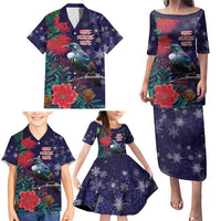 Tui Meri Kirihimete Personalised Family Matching Puletasi and Hawaiian Shirt Pohutukawa Flowers Blue Motif LT9 - Polynesian Pride