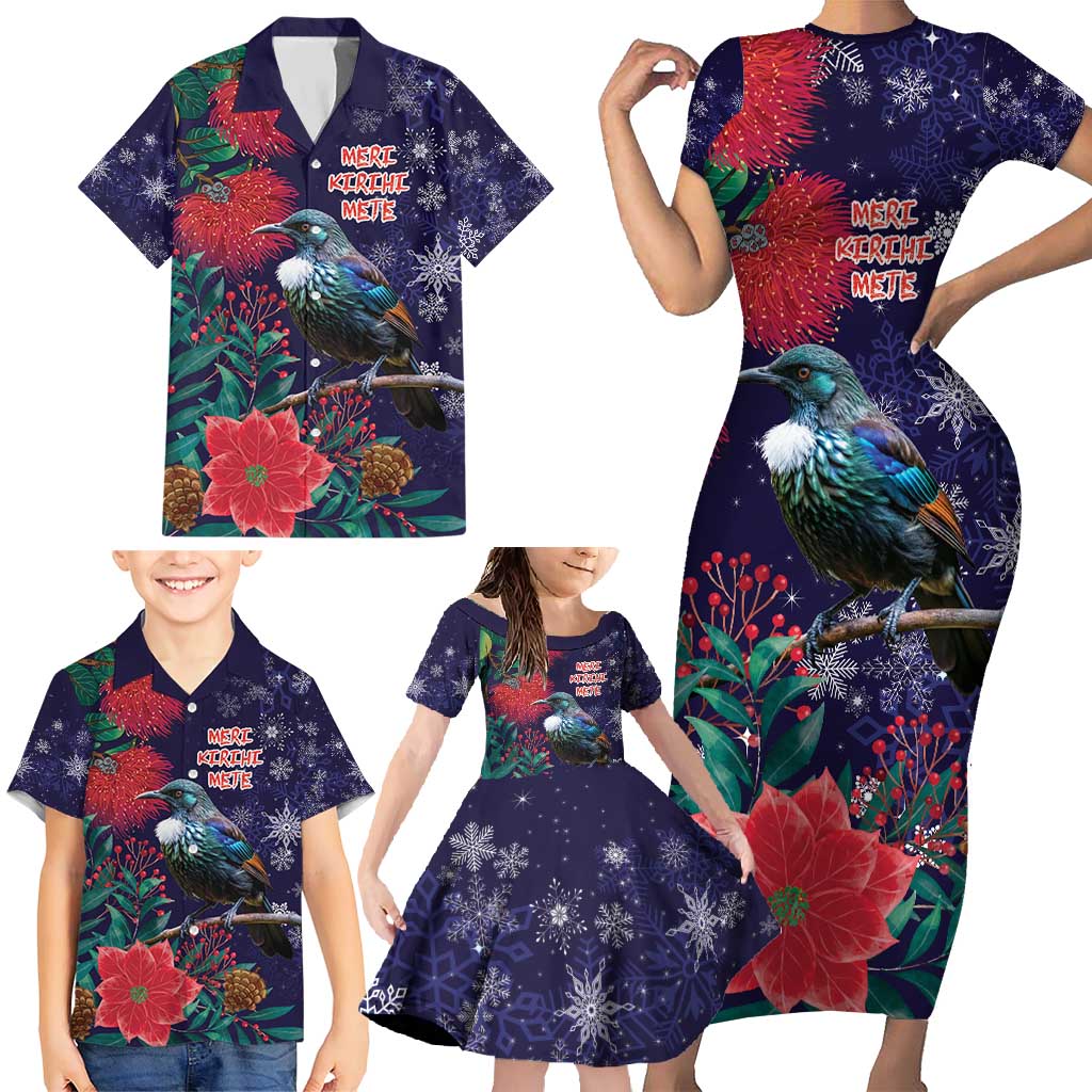 Tui Meri Kirihimete Personalised Family Matching Short Sleeve Bodycon Dress and Hawaiian Shirt Pohutukawa Flowers Blue Motif LT9 - Polynesian Pride