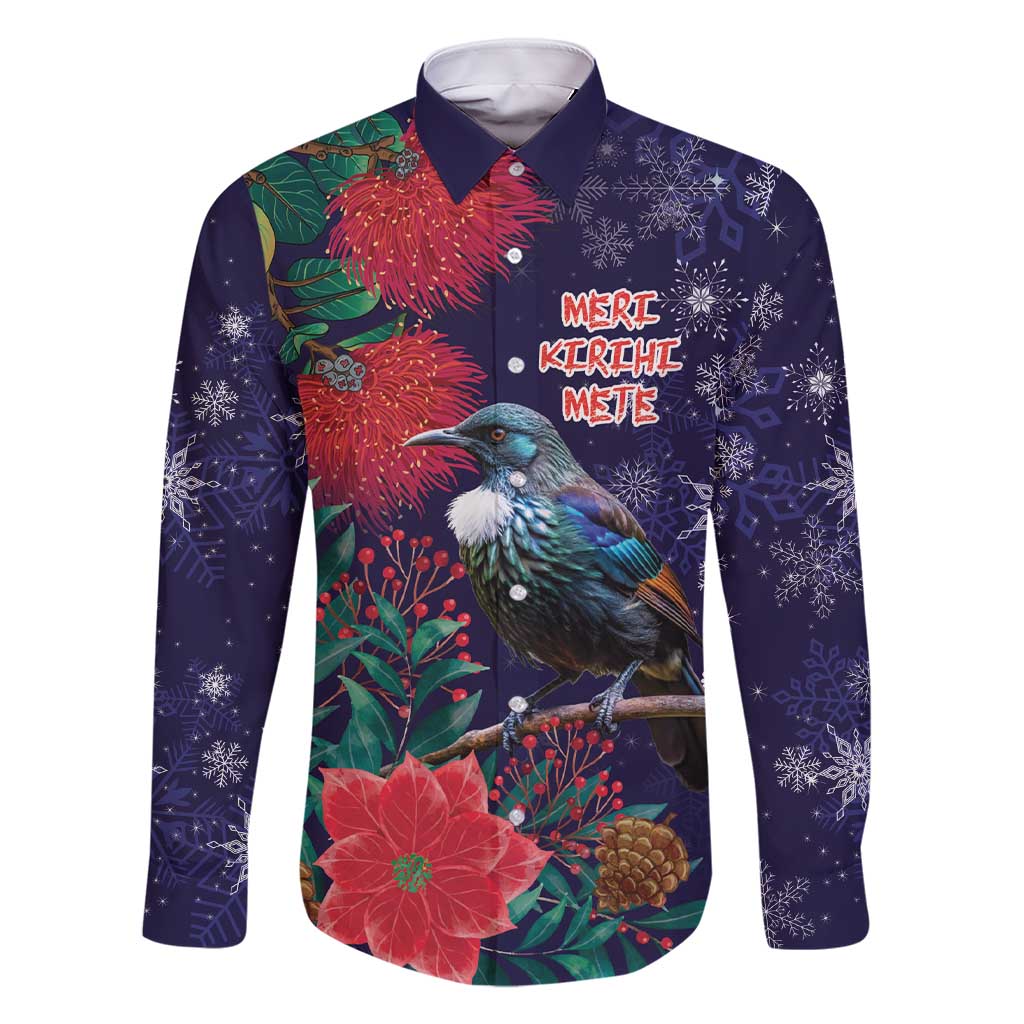 Tui Meri Kirihimete Personalised Family Matching Short Sleeve Bodycon Dress and Hawaiian Shirt Pohutukawa Flowers Blue Motif LT9 Dad's Shirt - Long Sleeve Blue - Polynesian Pride