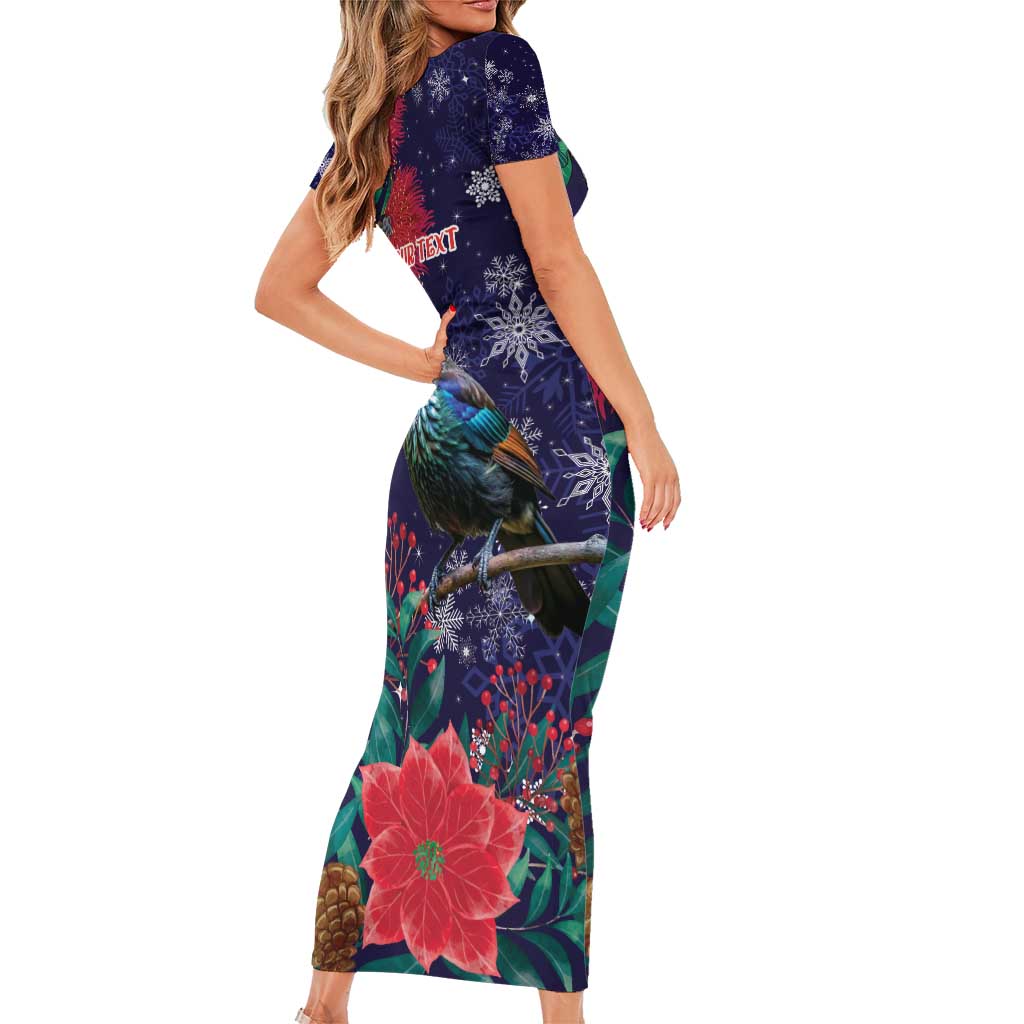 Tui Meri Kirihimete Personalised Family Matching Short Sleeve Bodycon Dress and Hawaiian Shirt Pohutukawa Flowers Blue Motif LT9 - Polynesian Pride