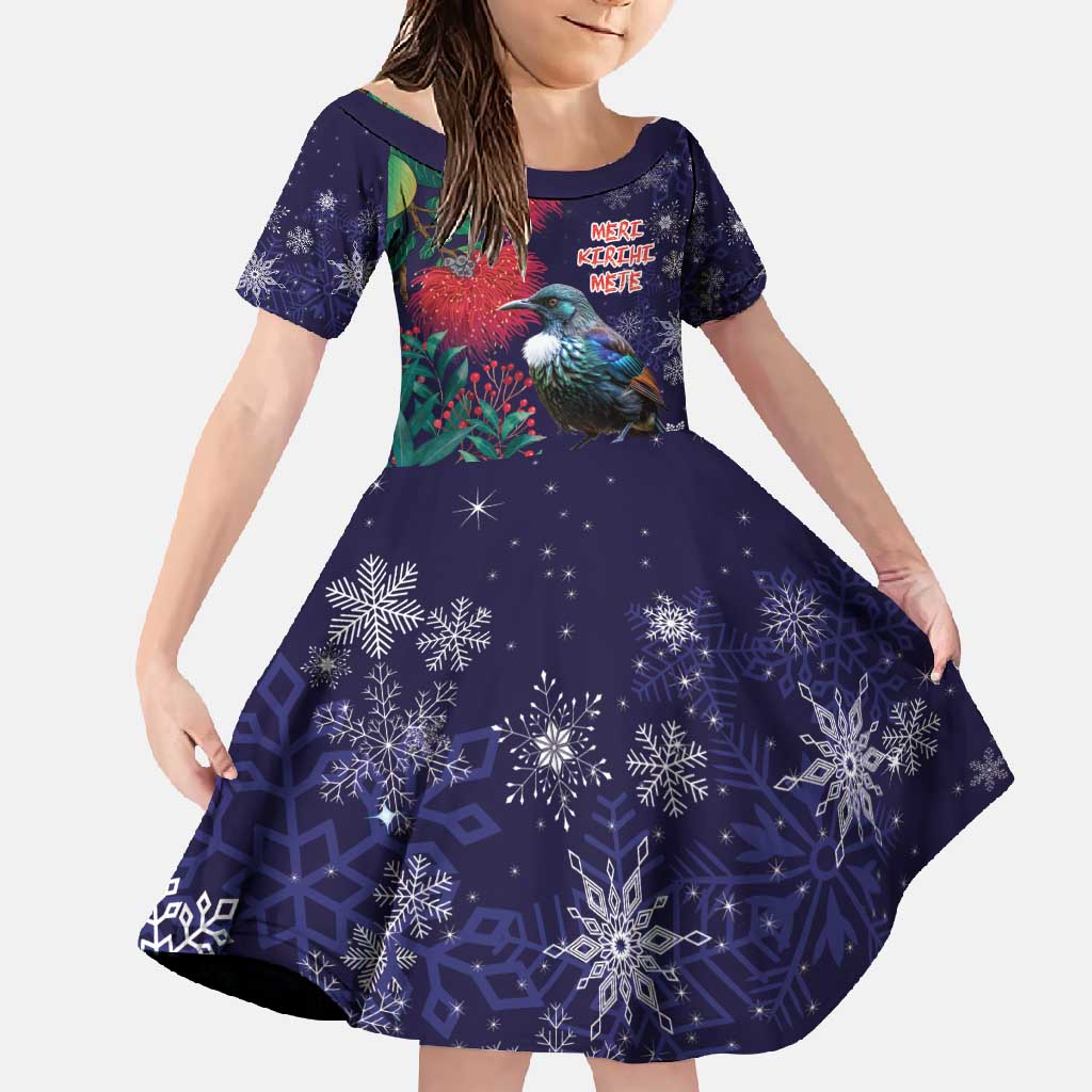 Tui Meri Kirihimete Personalised Family Matching Summer Maxi Dress and Hawaiian Shirt Pohutukawa Flowers Blue Motif LT9 Daughter's Dress Blue - Polynesian Pride