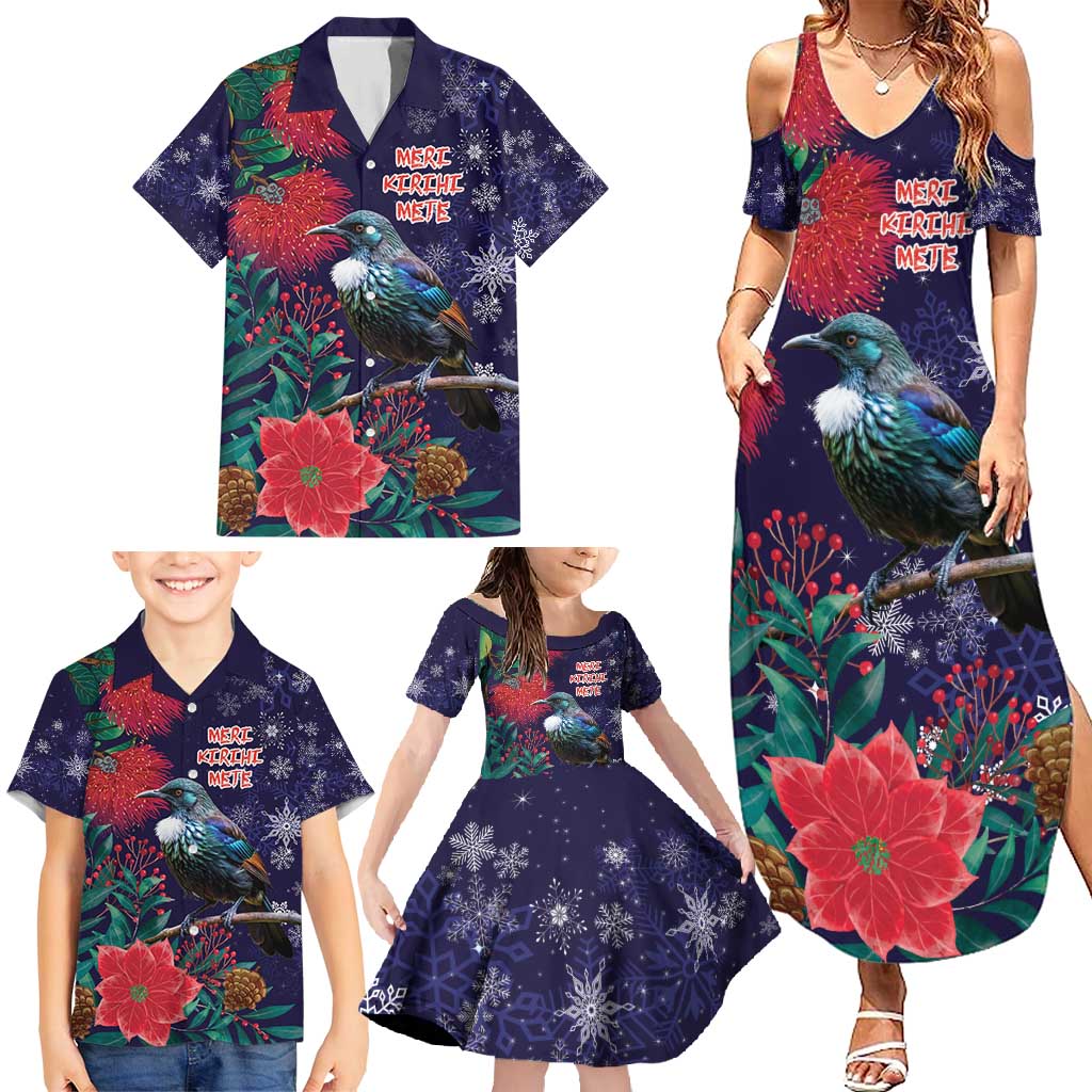 Tui Meri Kirihimete Personalised Family Matching Summer Maxi Dress and Hawaiian Shirt Pohutukawa Flowers Blue Motif LT9 - Polynesian Pride