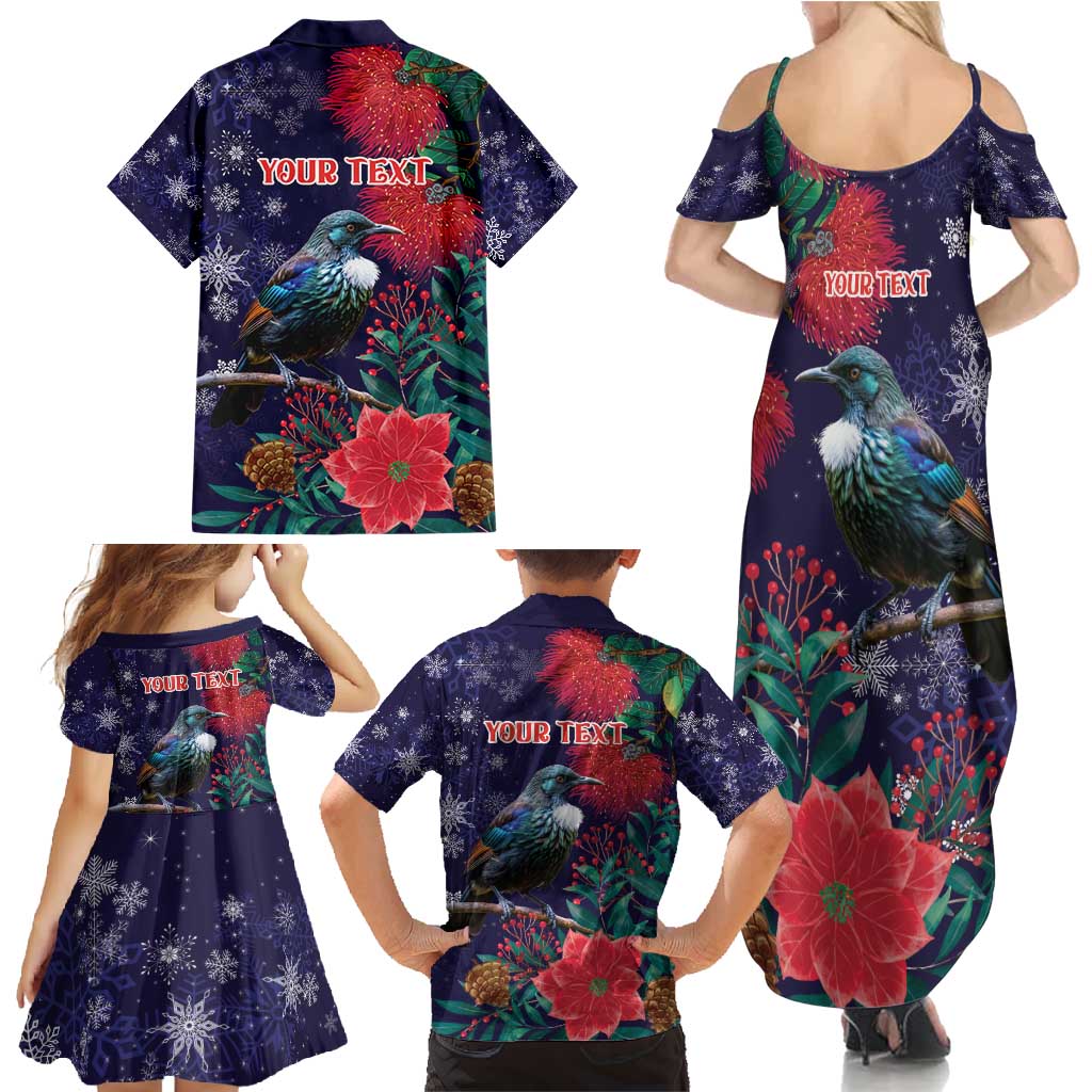Tui Meri Kirihimete Personalised Family Matching Summer Maxi Dress and Hawaiian Shirt Pohutukawa Flowers Blue Motif LT9 - Polynesian Pride