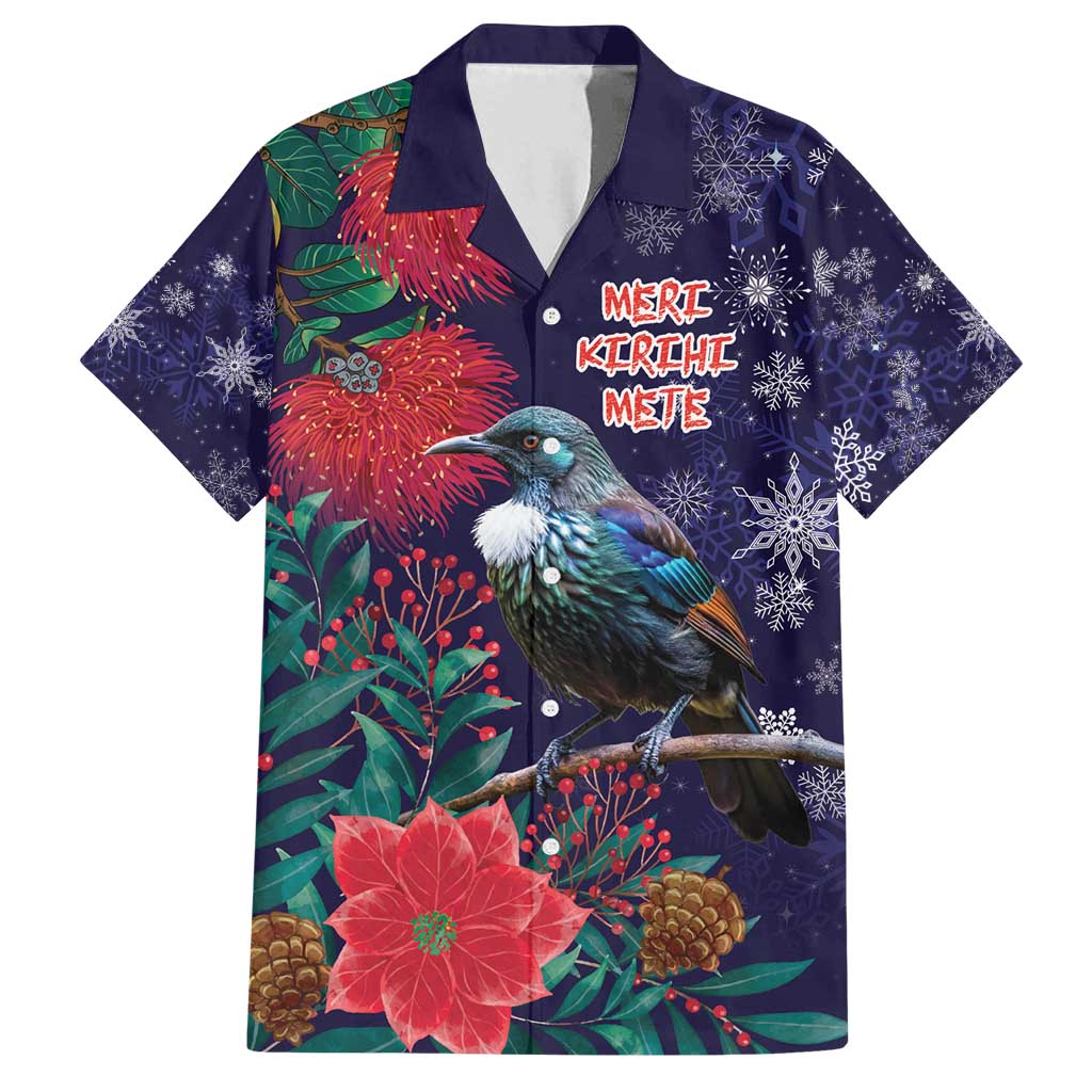 Tui Meri Kirihimete Personalised Family Matching Summer Maxi Dress and Hawaiian Shirt Pohutukawa Flowers Blue Motif LT9 Dad's Shirt - Short Sleeve Blue - Polynesian Pride