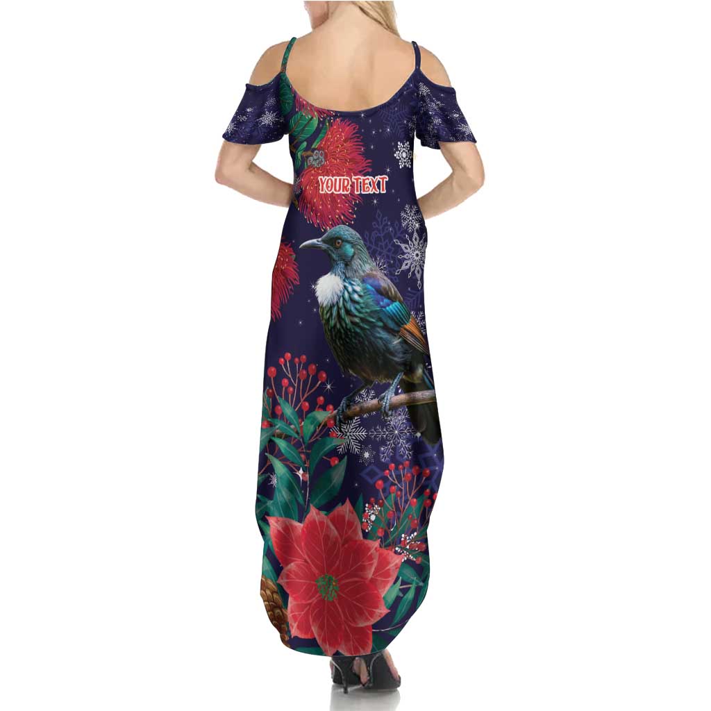 Tui Meri Kirihimete Personalised Family Matching Summer Maxi Dress and Hawaiian Shirt Pohutukawa Flowers Blue Motif LT9 - Polynesian Pride