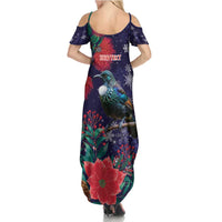 Tui Meri Kirihimete Personalised Family Matching Summer Maxi Dress and Hawaiian Shirt Pohutukawa Flowers Blue Motif LT9 - Polynesian Pride