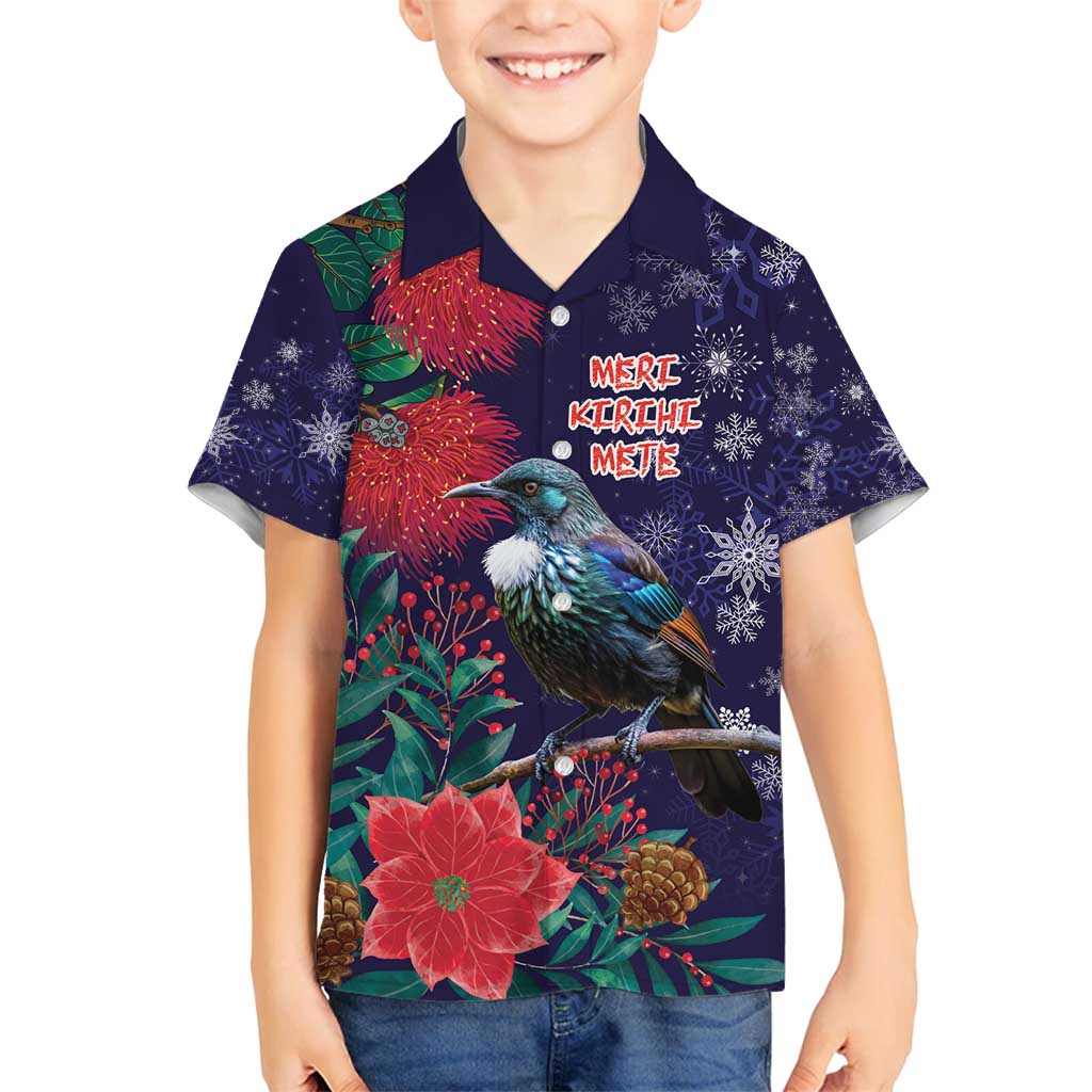 Tui Meri Kirihimete Personalised Family Matching Summer Maxi Dress and Hawaiian Shirt Pohutukawa Flowers Blue Motif LT9 Son's Shirt Blue - Polynesian Pride
