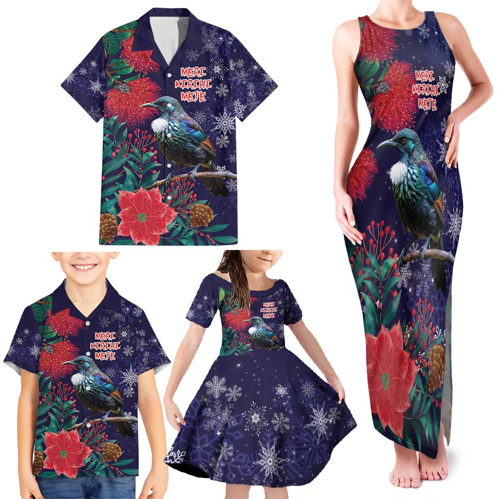 Tui Meri Kirihimete Personalised Family Matching Tank Maxi Dress and Hawaiian Shirt Pohutukawa Flowers Blue Motif LT9 - Polynesian Pride