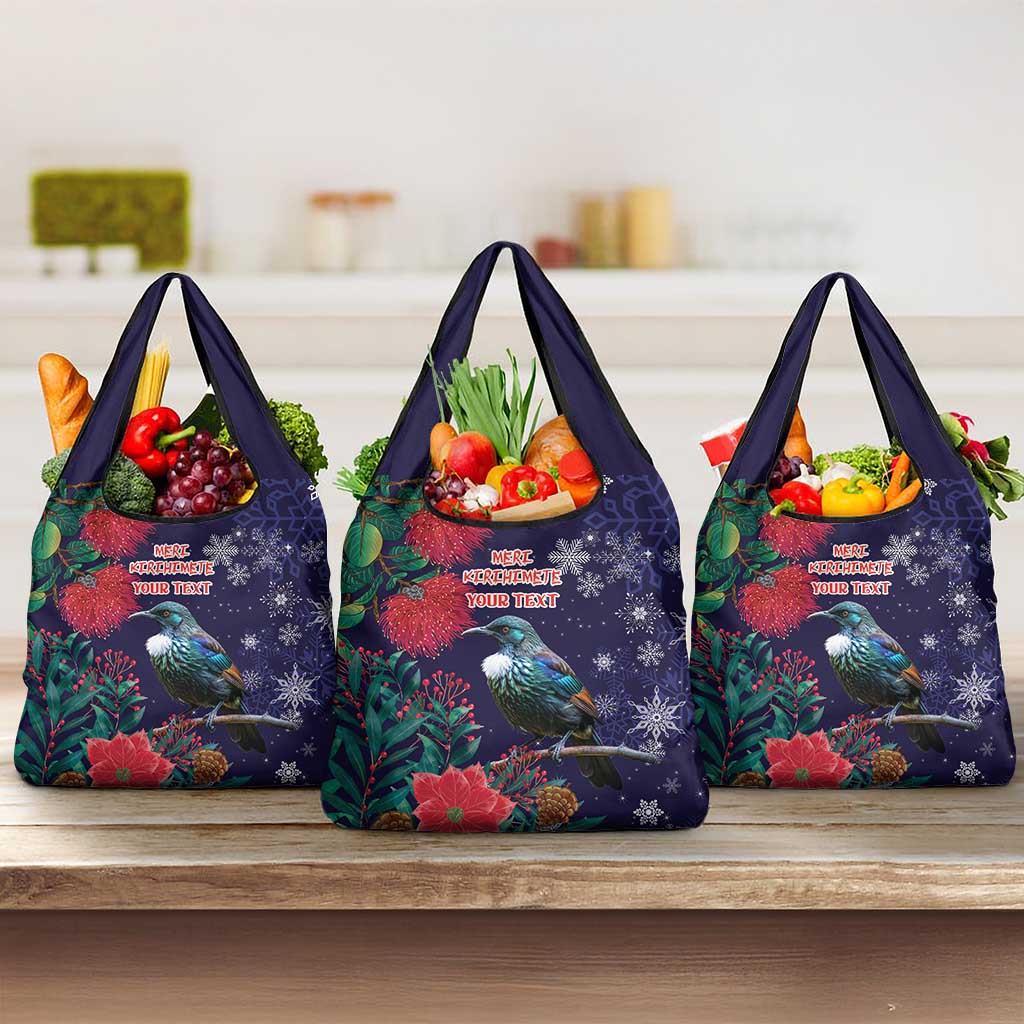 Tui Meri Kirihimete Personalised Grocery Bag Pohutukawa Flowers Blue Motif - Polynesian Pride