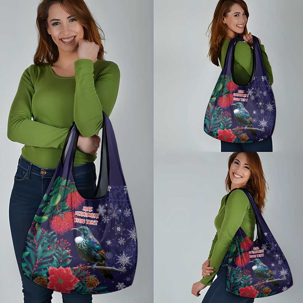 Tui Meri Kirihimete Personalised Grocery Bag Pohutukawa Flowers Blue Motif - Polynesian Pride