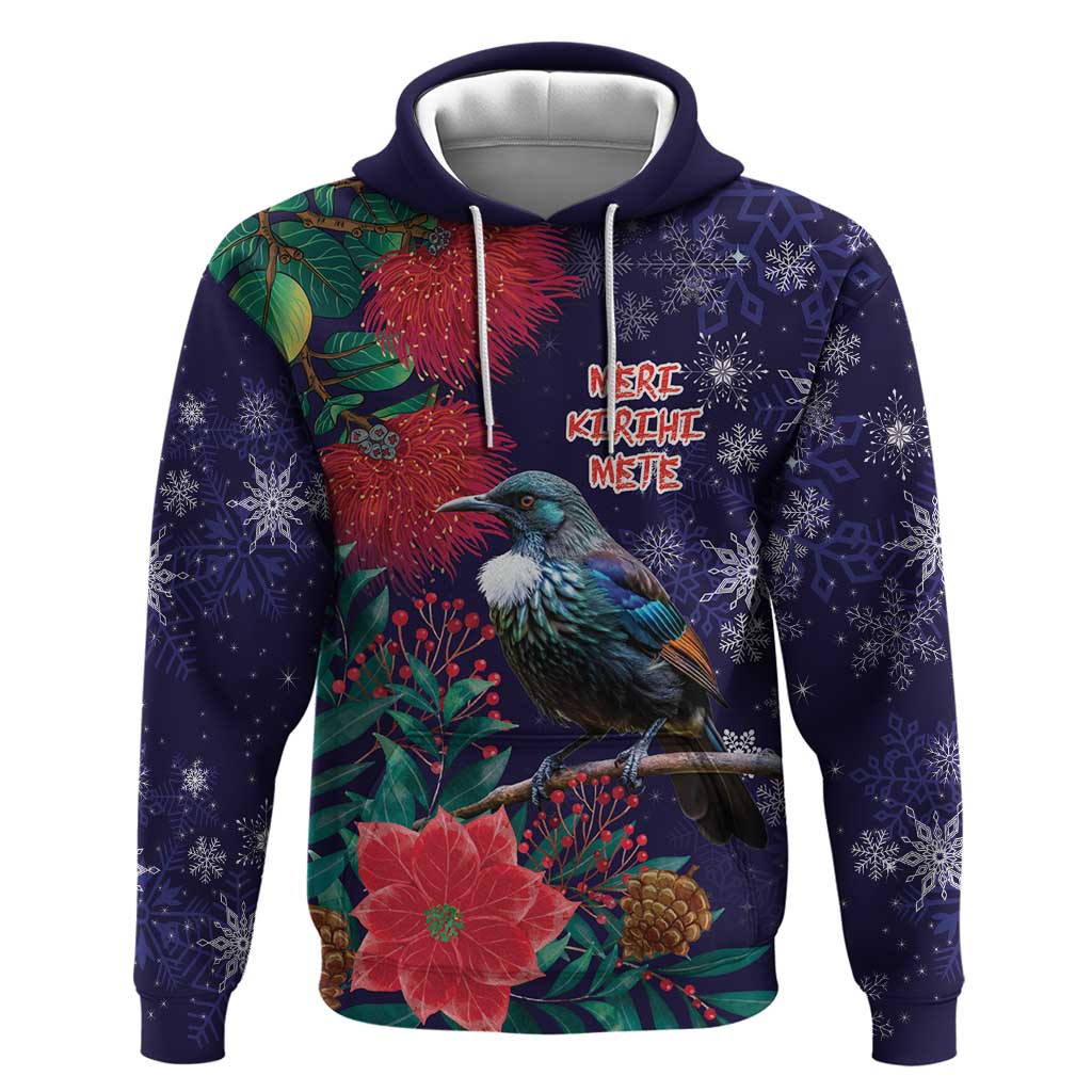 Tui Meri Kirihimete Personalised Hoodie Pohutukawa Flowers Blue Motif - Polynesian Pride