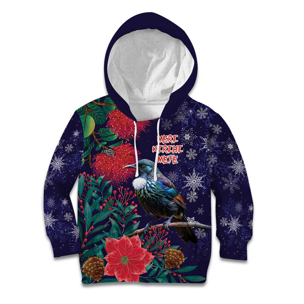 Tui Meri Kirihimete Personalised Kid Hoodie Pohutukawa Flowers Blue Motif LT9 Hoodie Blue - Polynesian Pride