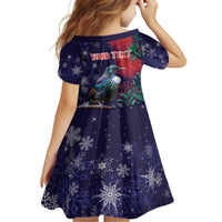 Tui Meri Kirihimete Personalised Kid Short Sleeve Dress Pohutukawa Flowers Blue Motif - Polynesian Pride