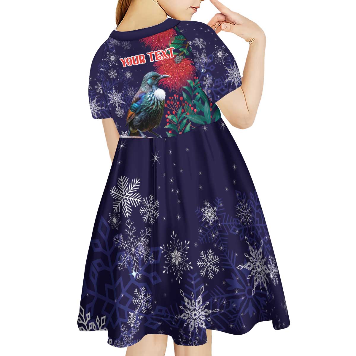 Tui Meri Kirihimete Personalised Kid Short Sleeve Dress Pohutukawa Flowers Blue Motif - Polynesian Pride