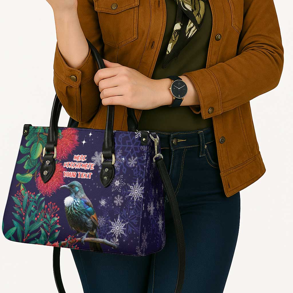Tui Meri Kirihimete Personalised Leather Bag Pohutukawa Flowers Blue Motif - Polynesian Pride