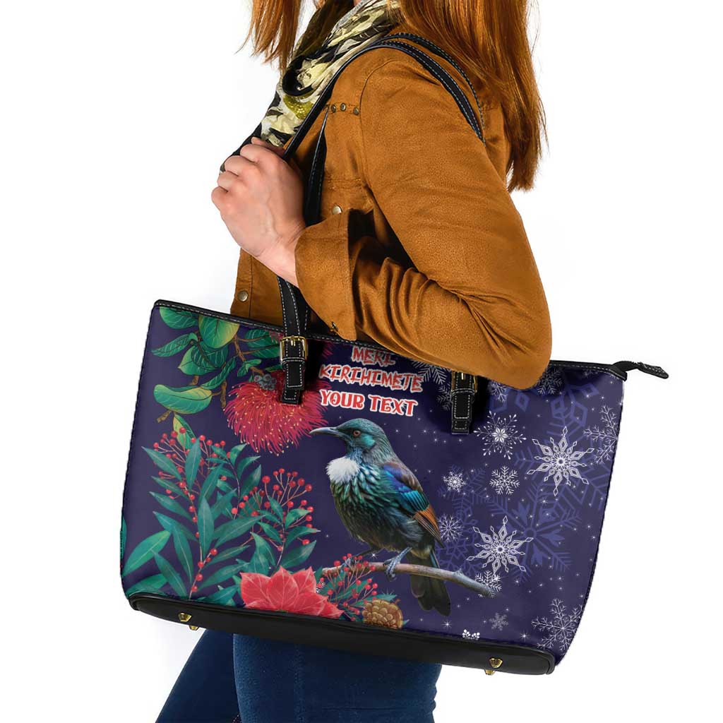 Tui Meri Kirihimete Personalised Leather Tote Bag Pohutukawa Flowers Blue Motif - Polynesian Pride