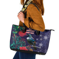 Tui Meri Kirihimete Personalised Leather Tote Bag Pohutukawa Flowers Blue Motif - Polynesian Pride