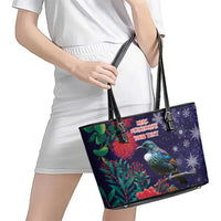 Tui Meri Kirihimete Personalised Leather Tote Bag Pohutukawa Flowers Blue Motif - Polynesian Pride