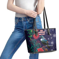 Tui Meri Kirihimete Personalised Leather Tote Bag Pohutukawa Flowers Blue Motif - Polynesian Pride