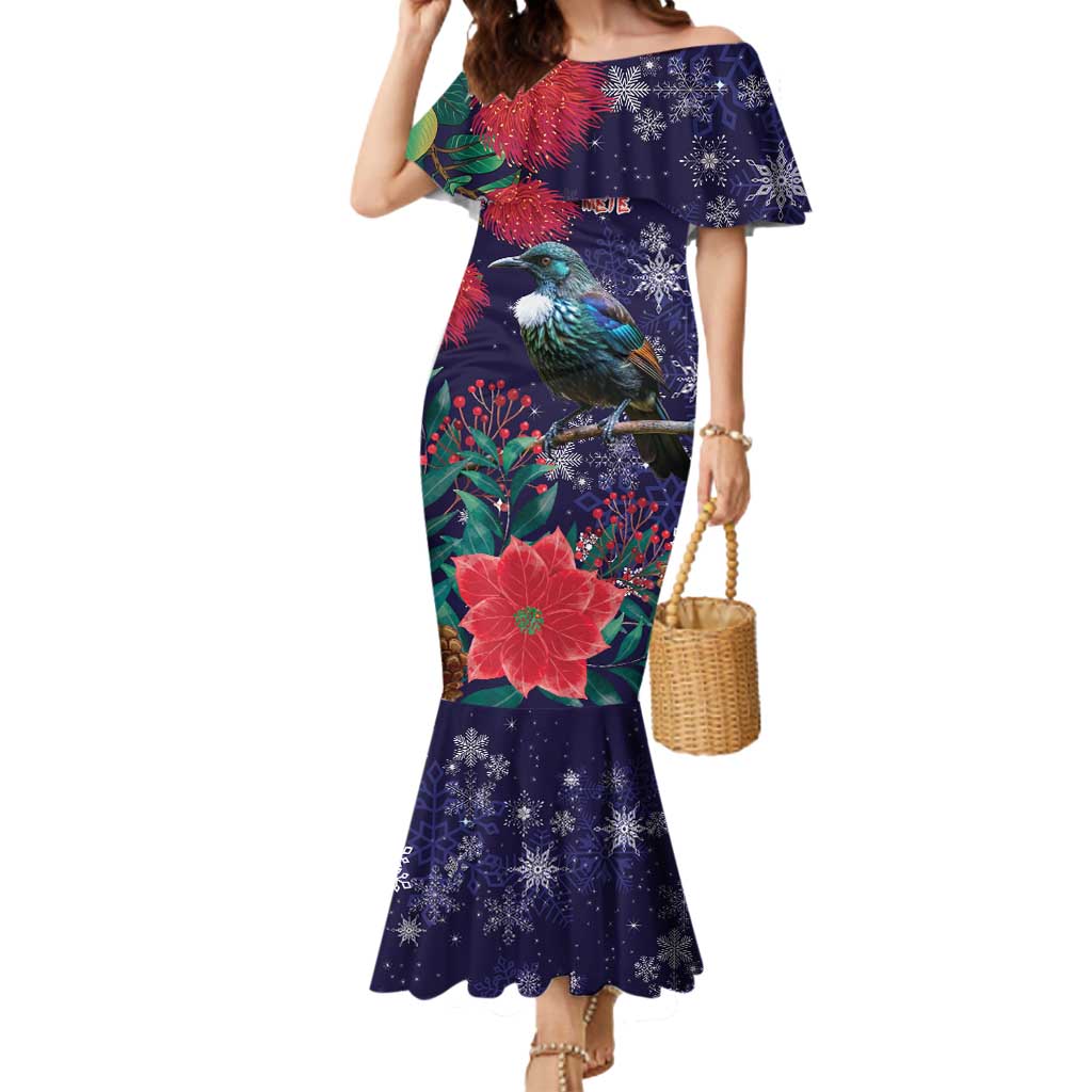 Tui Meri Kirihimete Personalised Mermaid Dress Pohutukawa Flowers Blue Motif - Polynesian Pride