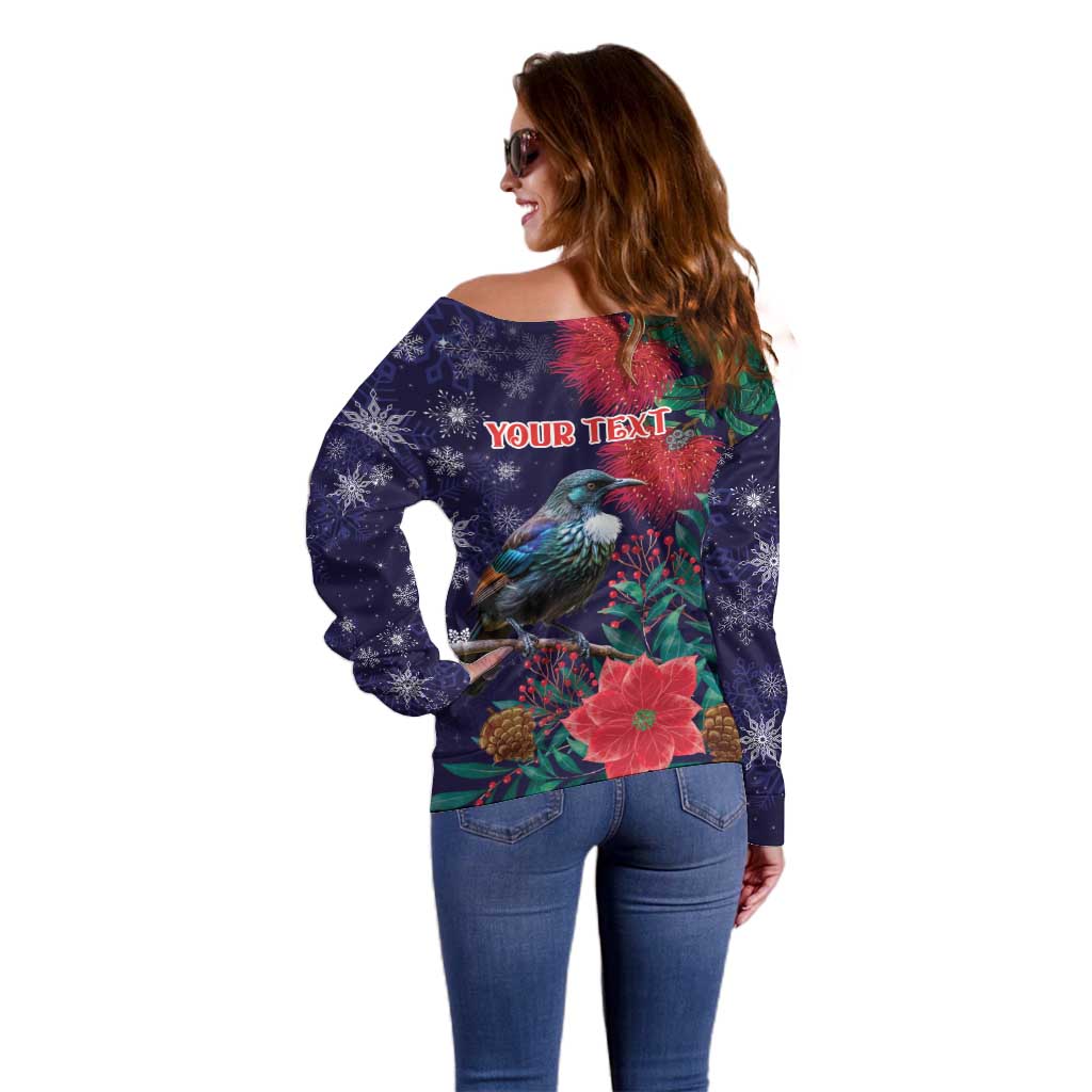 Tui Meri Kirihimete Personalised Off Shoulder Sweater Pohutukawa Flowers Blue Motif - Polynesian Pride