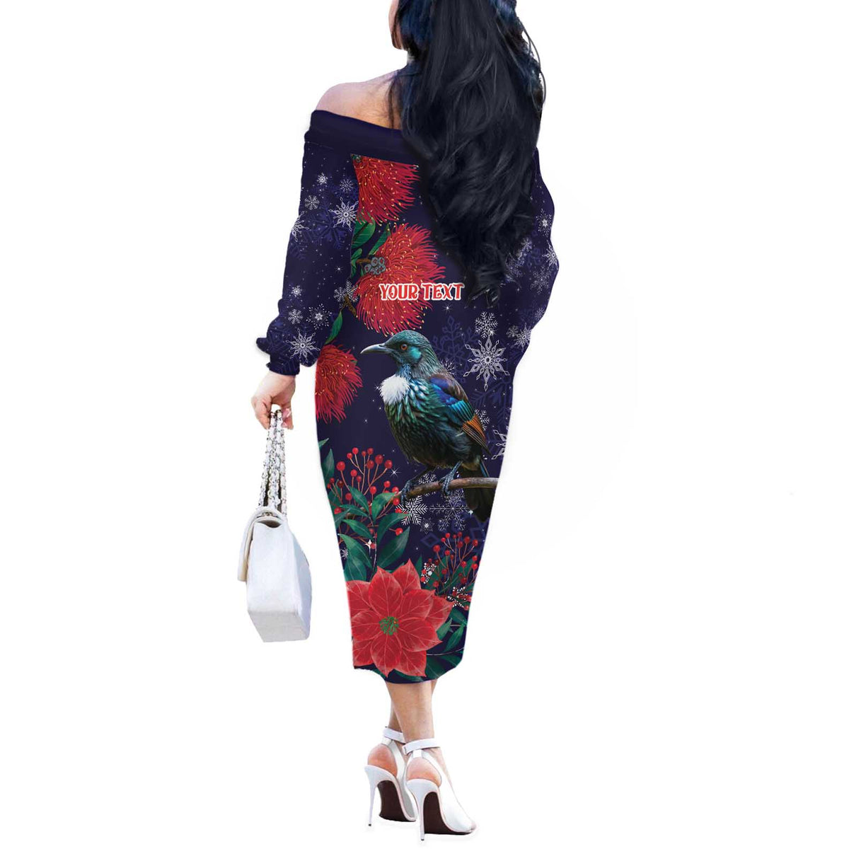 Tui Meri Kirihimete Personalised Off The Shoulder Long Sleeve Dress Pohutukawa Flowers Blue Motif - Polynesian Pride