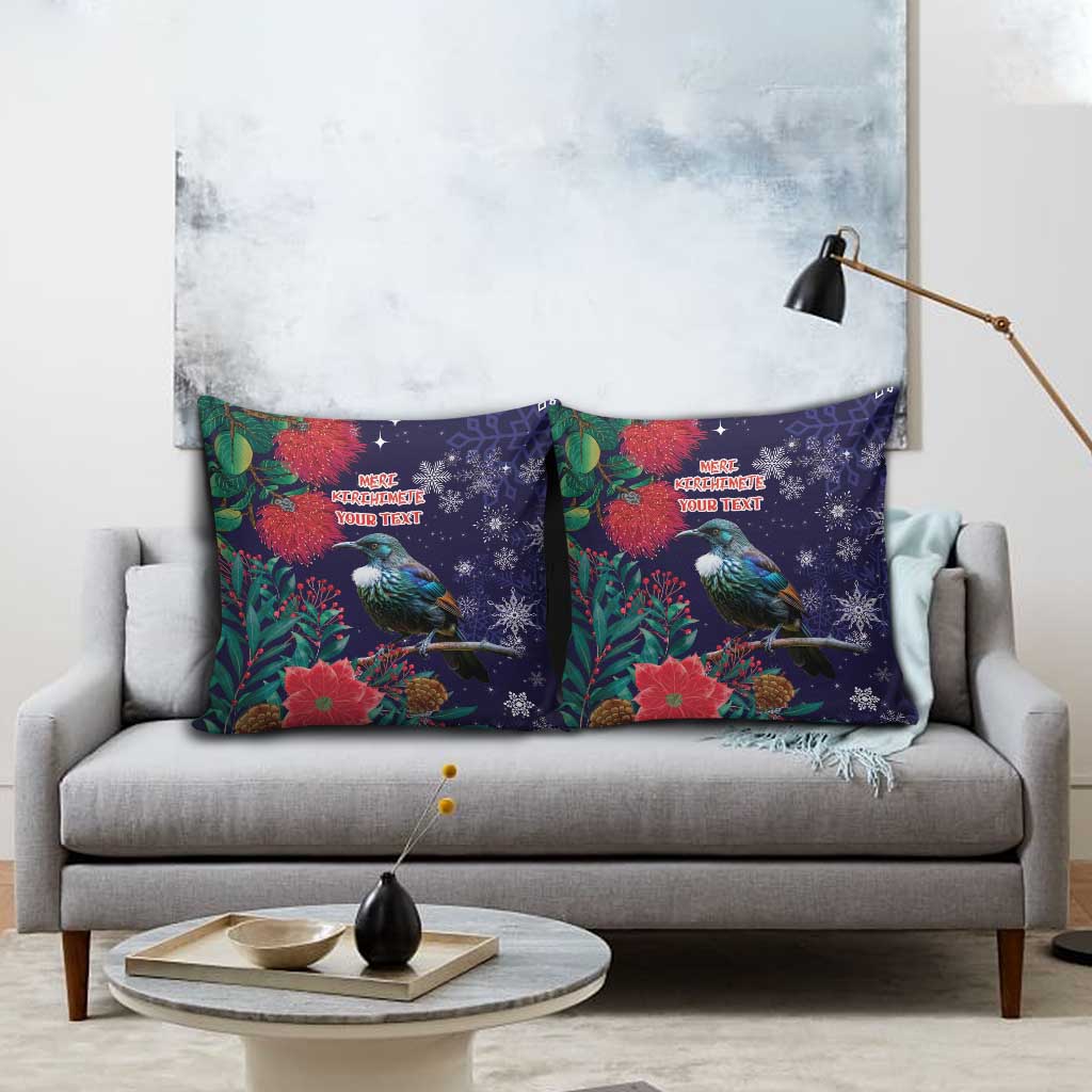 Tui Meri Kirihimete Personalised Pillow Cover Pohutukawa Flowers Blue Motif - Polynesian Pride