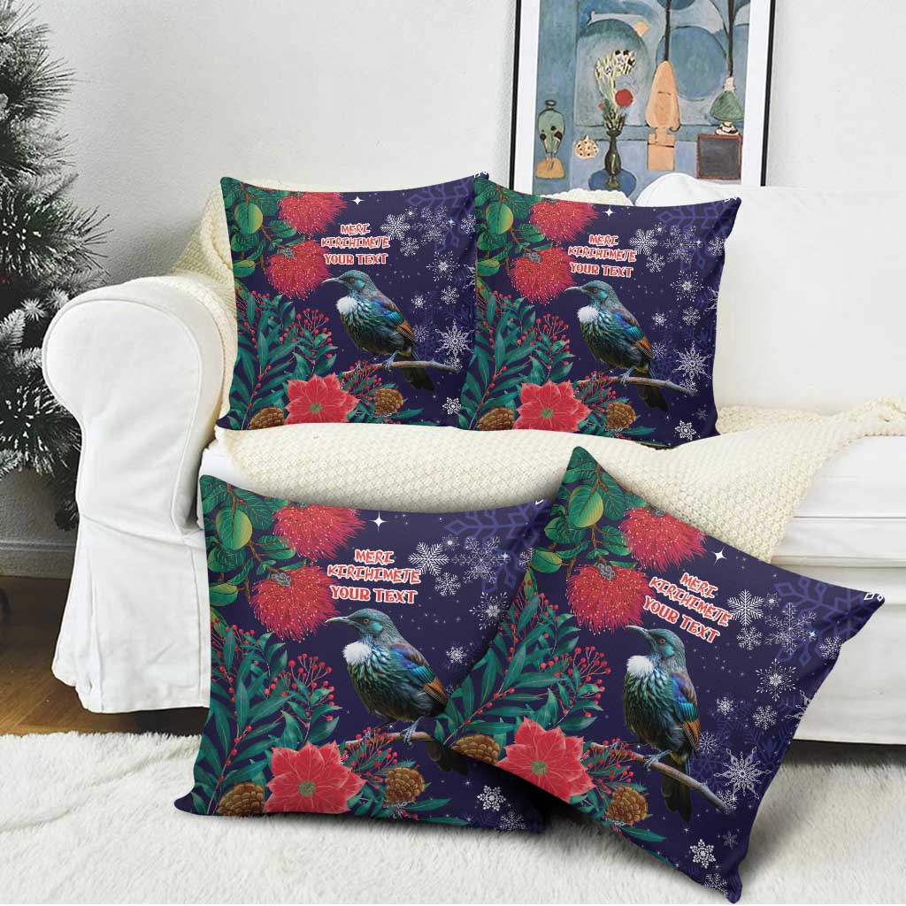 Tui Meri Kirihimete Personalised Pillow Cover Pohutukawa Flowers Blue Motif - Polynesian Pride