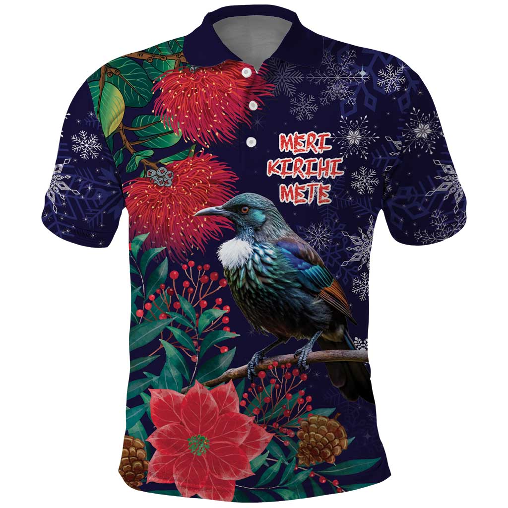 Tui Meri Kirihimete Personalised Polo Shirt Pohutukawa Flowers Blue Motif - Polynesian Pride